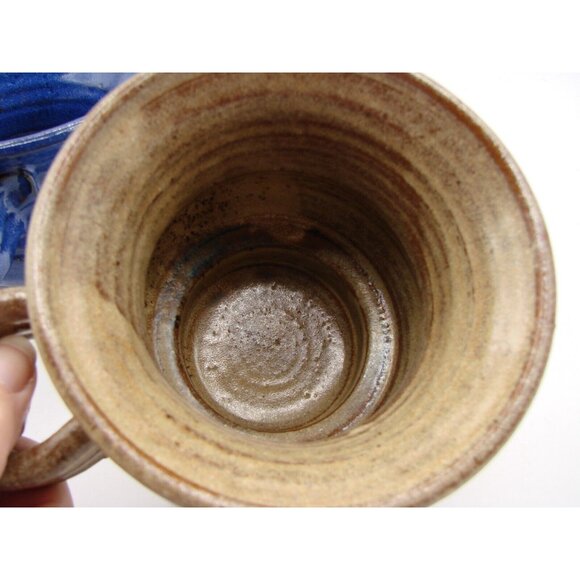 Two Vintage Stoneware Mugs Cups Blue Brown Wide Mouth Reverse Handle Artist Sign - Picture 9 of 14